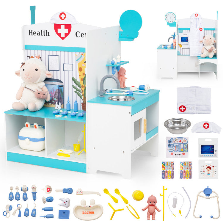 Toy medical center set with various medical tools and furniture on a white background
