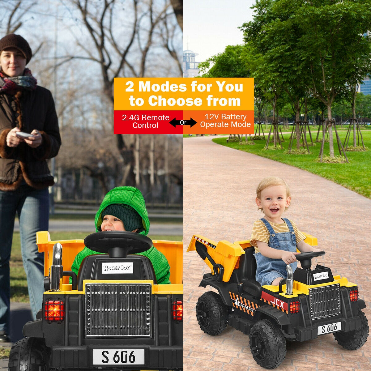 Two children playing with toy dump trucks in a park setting, with text about remote control and battery operation modes.