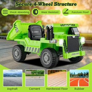 Green toy dump truck with features highlighted on a blurred outdoor background