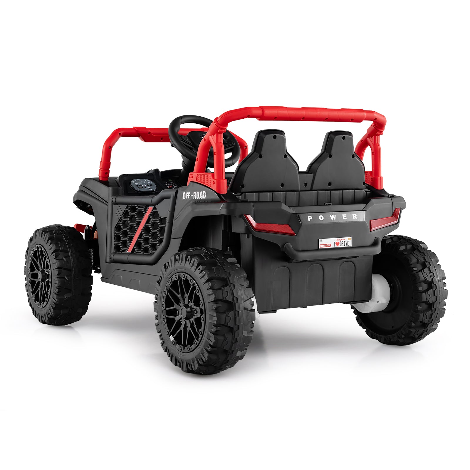 Black and red toy off-road vehicle on a white background
