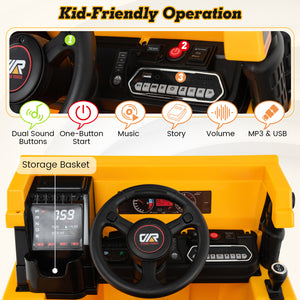Control panel of a toy vehicle with various features highlighted, including dual sound buttons, one-button start, music, story, volume, MP3 & USB, and a storage basket.