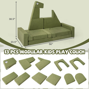 13-piece modular kids play couch set with dimensions and assembly pieces on a beige background