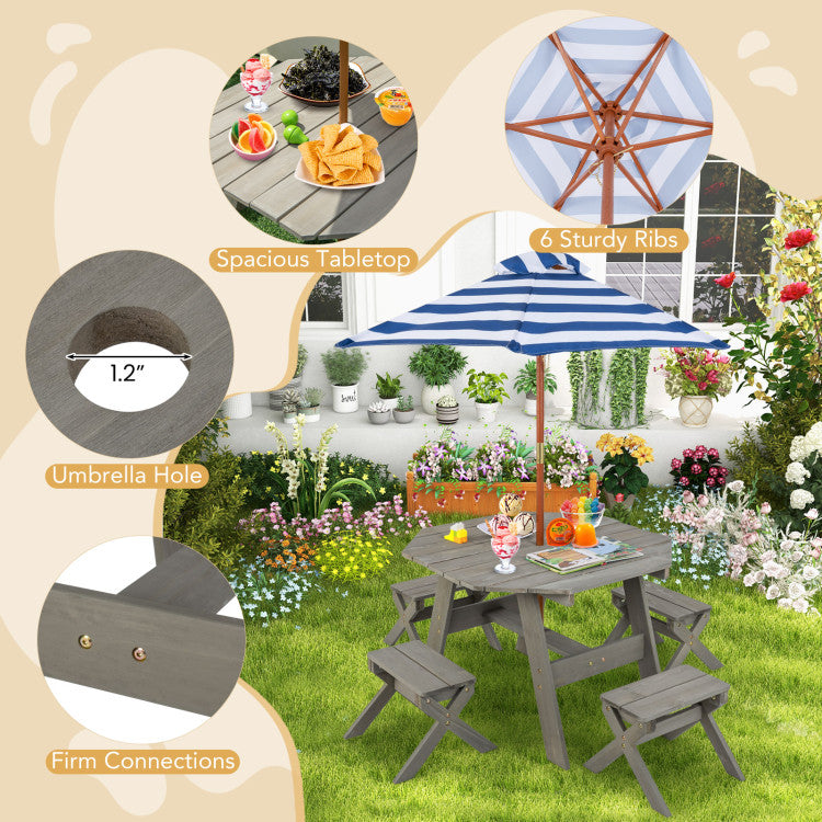 Outdoor patio umbrella and matching picnic table set shown in a garden scene, with inset detail callouts about the spacious tabletop, 1.2-inch umbrella hole, firm connections, and the 6-sturdy ribs on a blue-and-white striped umbrella.