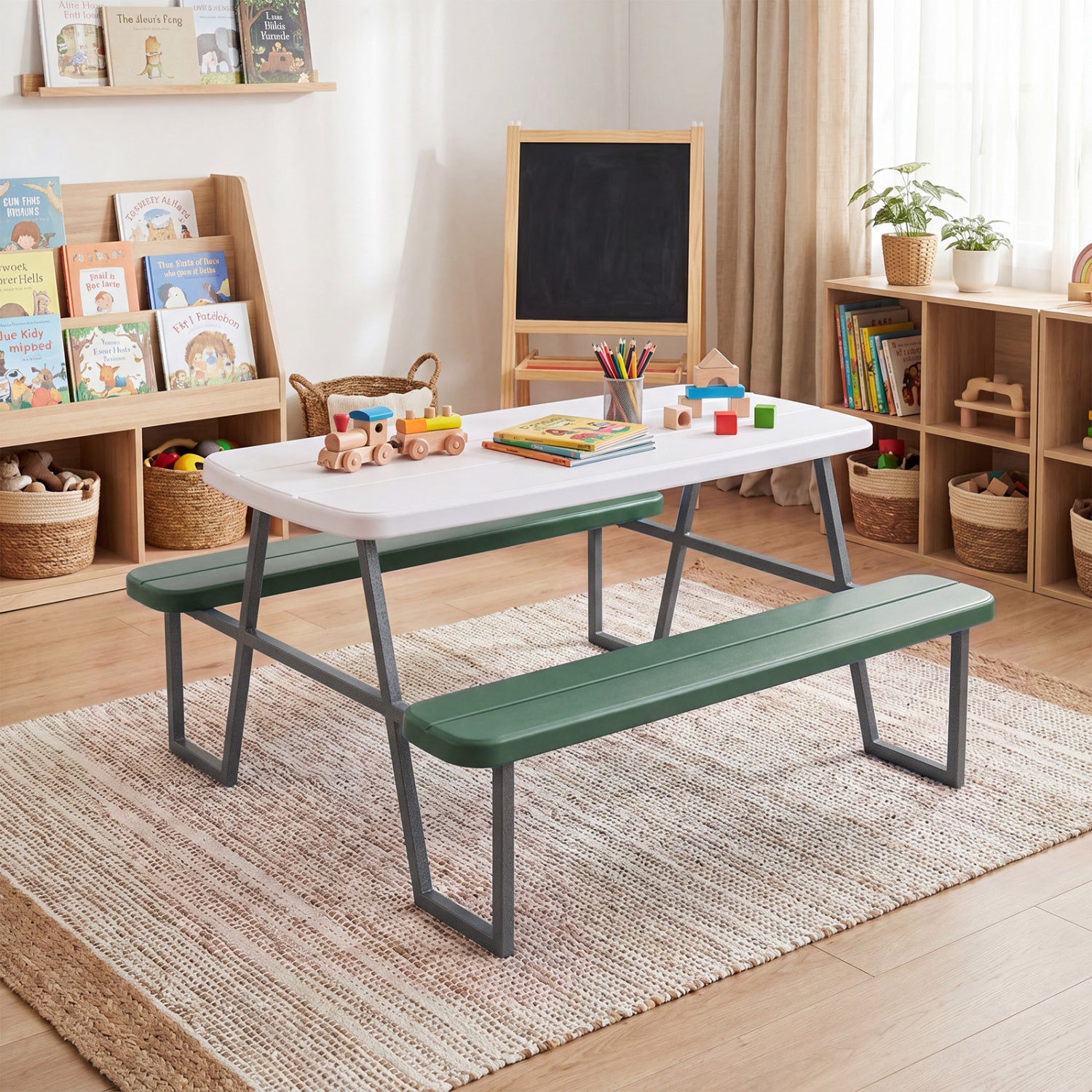 Children's play area with a white table and green benches in a room with bookshelves and toys.