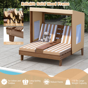 Wooden children's playhouse with striped cushion on a wooden deck, featuring natural fir wood and supportive legs.