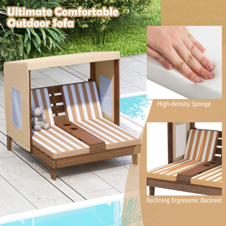 Outdoor sofa with striped cushions, reclining ergonomic backrest, and high-density sponge padding, set against a poolside background.