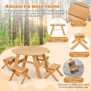 Wooden picnic table set with benches in a forest setting, featuring text about natural fir wood frame and water-based painting.