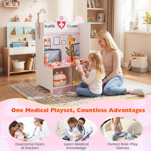 Woman and child playing with a medical playset in a room with shelves and toys.