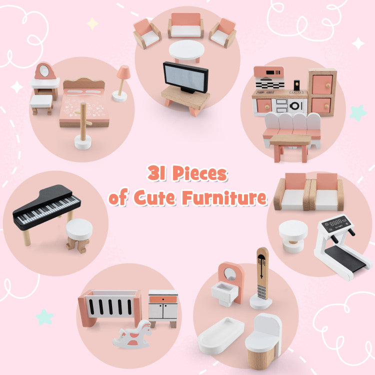 Kids dollhouse with accessories and interior rooms