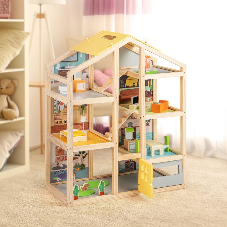 Kids dollhouse with furniture pieces and figures