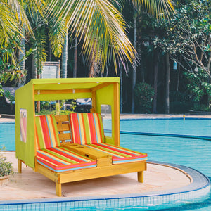 Colorful striped lounge chair with canopy by a poolside
