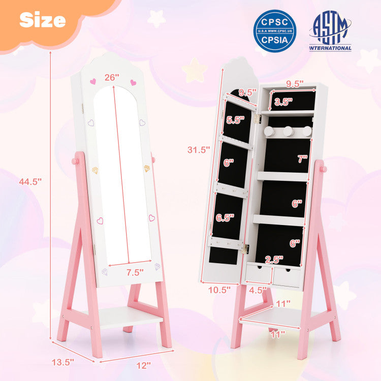 Pink standing mirror with jewelry cabinet and dimensions on a colorful background
