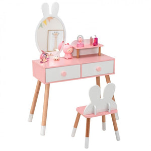Children's vanity table with mirror and chair on a white background