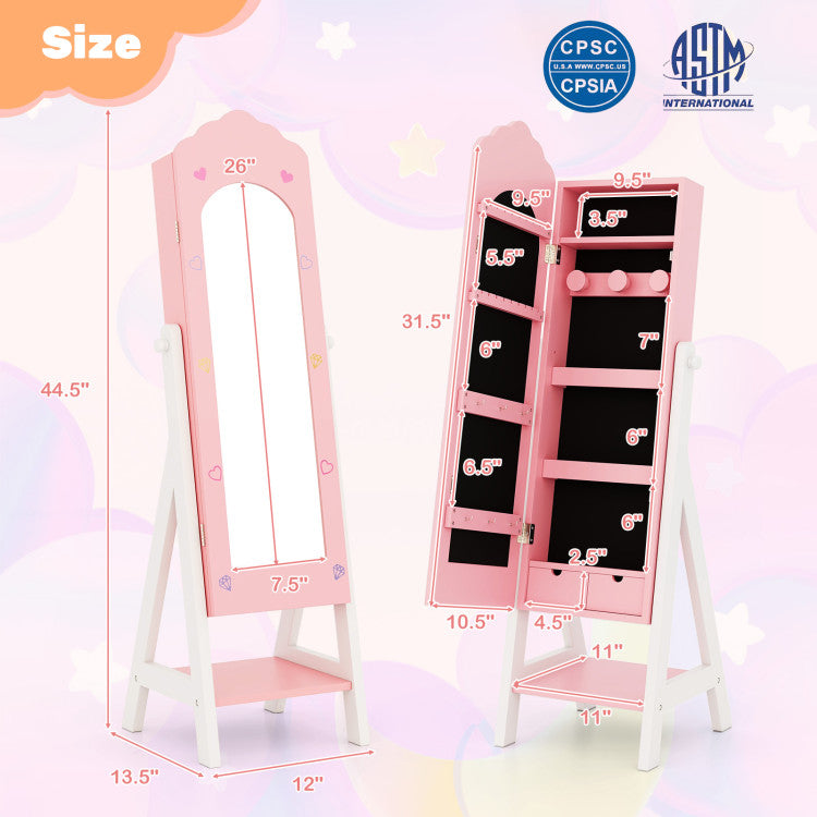Pink jewelry armoire with mirror and dimensions on a colorful background