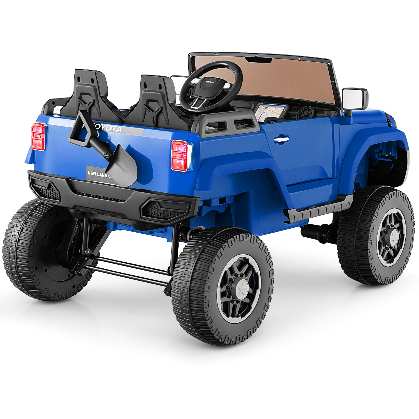 Blue toy truck with black details on a white background
