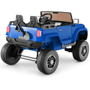Blue toy truck with black details on a white background