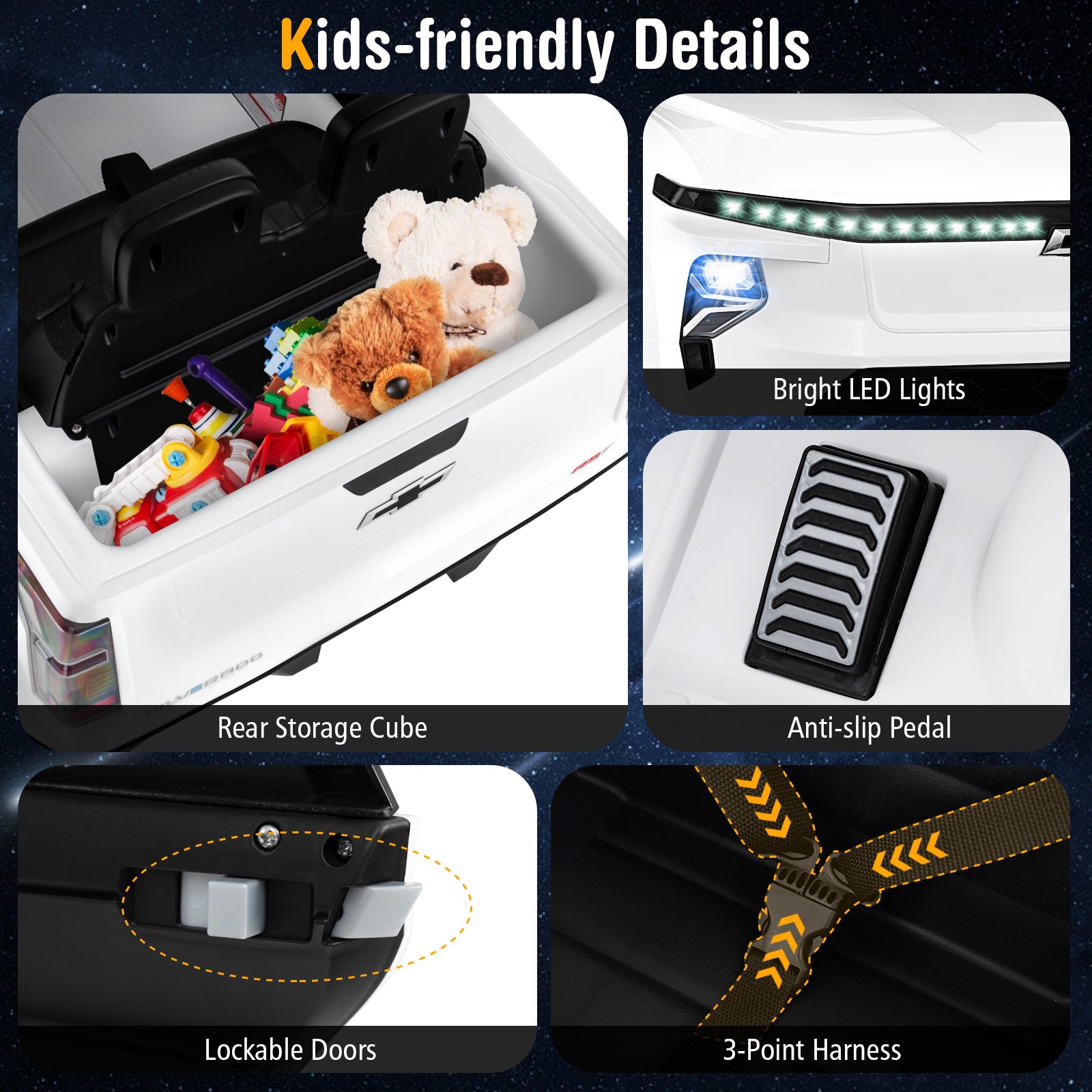 Collage of car seat features with bright LED lights, anti-slip pedal, lockable doors, 3-point harness, and rear storage cube.