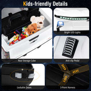 Collage of car seat features with bright LED lights, anti-slip pedal, lockable doors, 3-point harness, and rear storage cube.