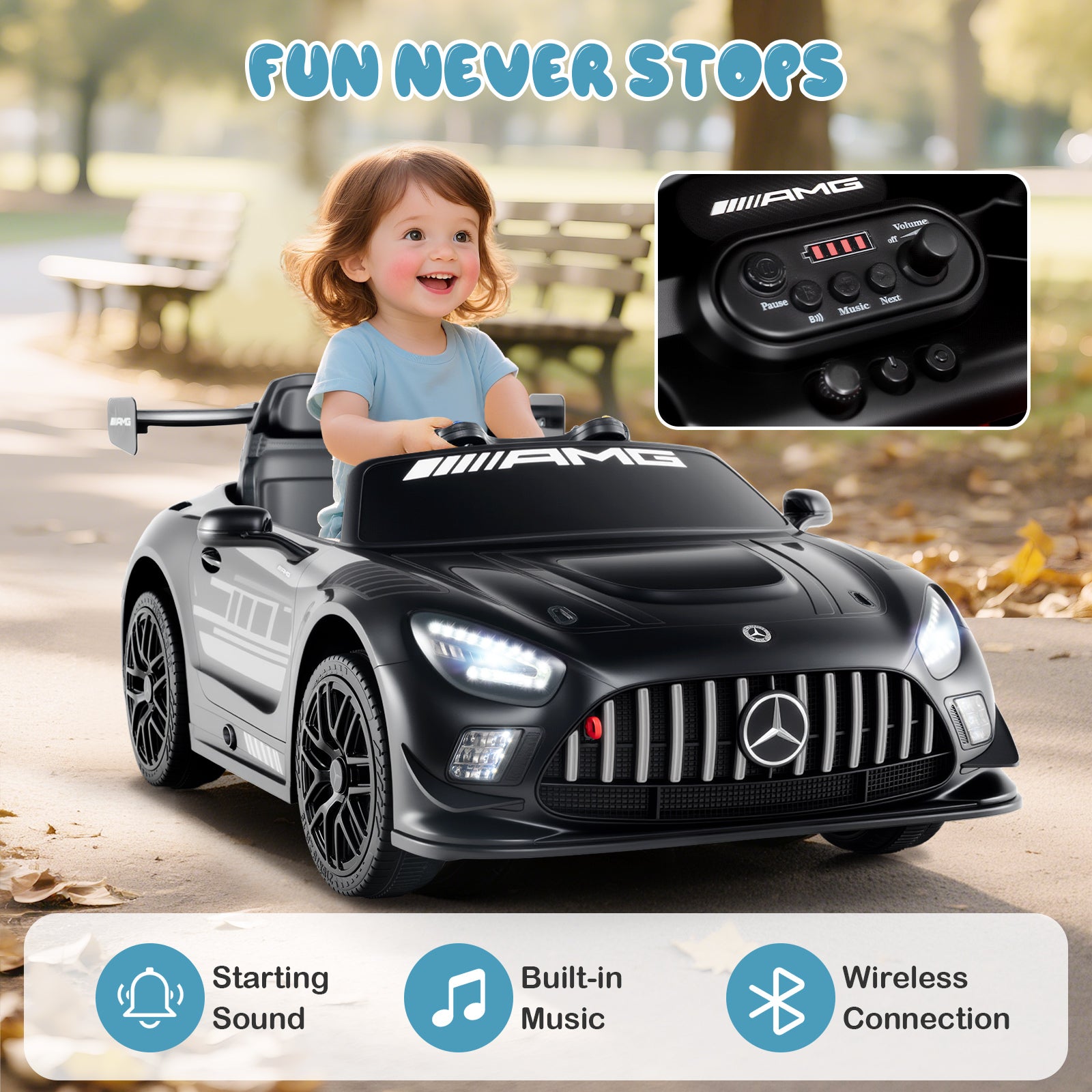 Child playing with a toy car, with AMG branding, in an outdoor setting.