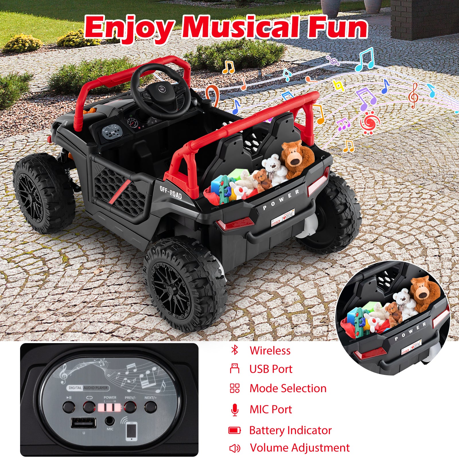 Toy truck with teddy bears on a stone surface, featuring musical notes and controls.