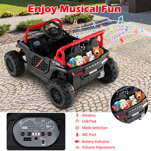 Toy truck with teddy bears on a stone surface, featuring musical notes and controls.