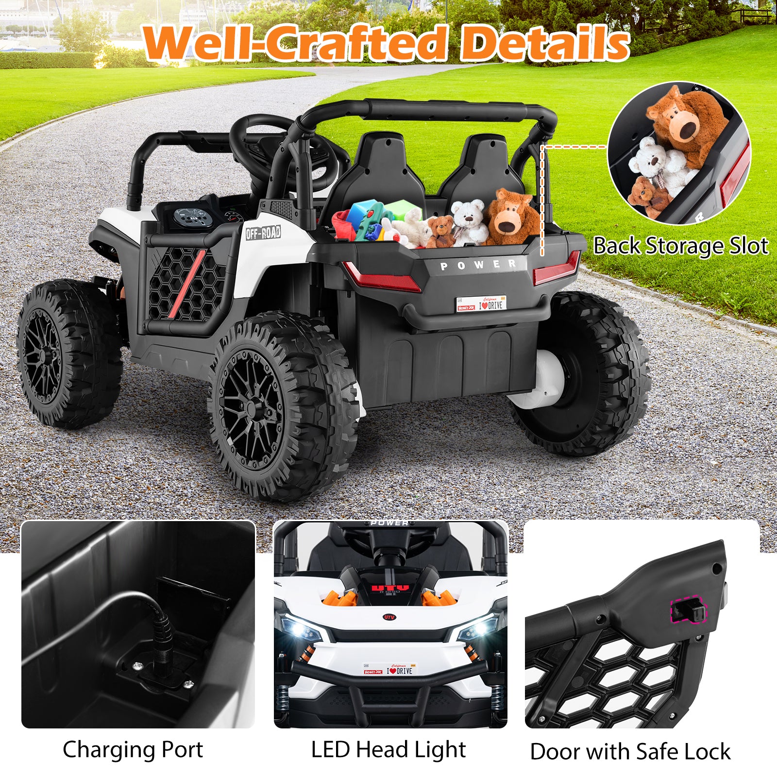 Children's power wheels with storage slot, charging port, LED headlight, and door with safe lock on a grassy background.