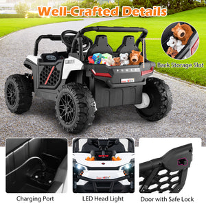 Children's power wheels with storage slot, charging port, LED headlight, and door with safe lock on a grassy background.