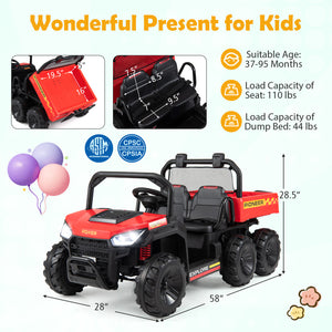 Red toy atv with black details, suitable for children aged 37-95 months, shown with dimensions and safety certification logos.