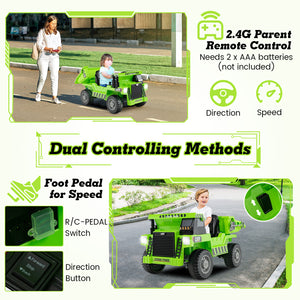 Green toy dump truck with remote control and foot pedal features, used by a child and a woman.