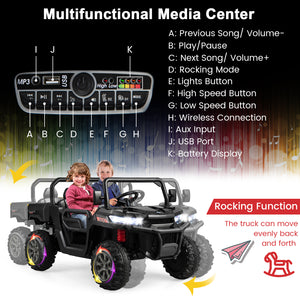 Children's toy truck with multifunctional media center controls and features.