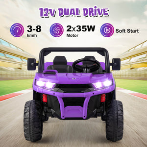 Purple toy car with features listed on a blurred indoor track background