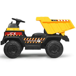 Toy dump truck with 'JCX' branding on a white background