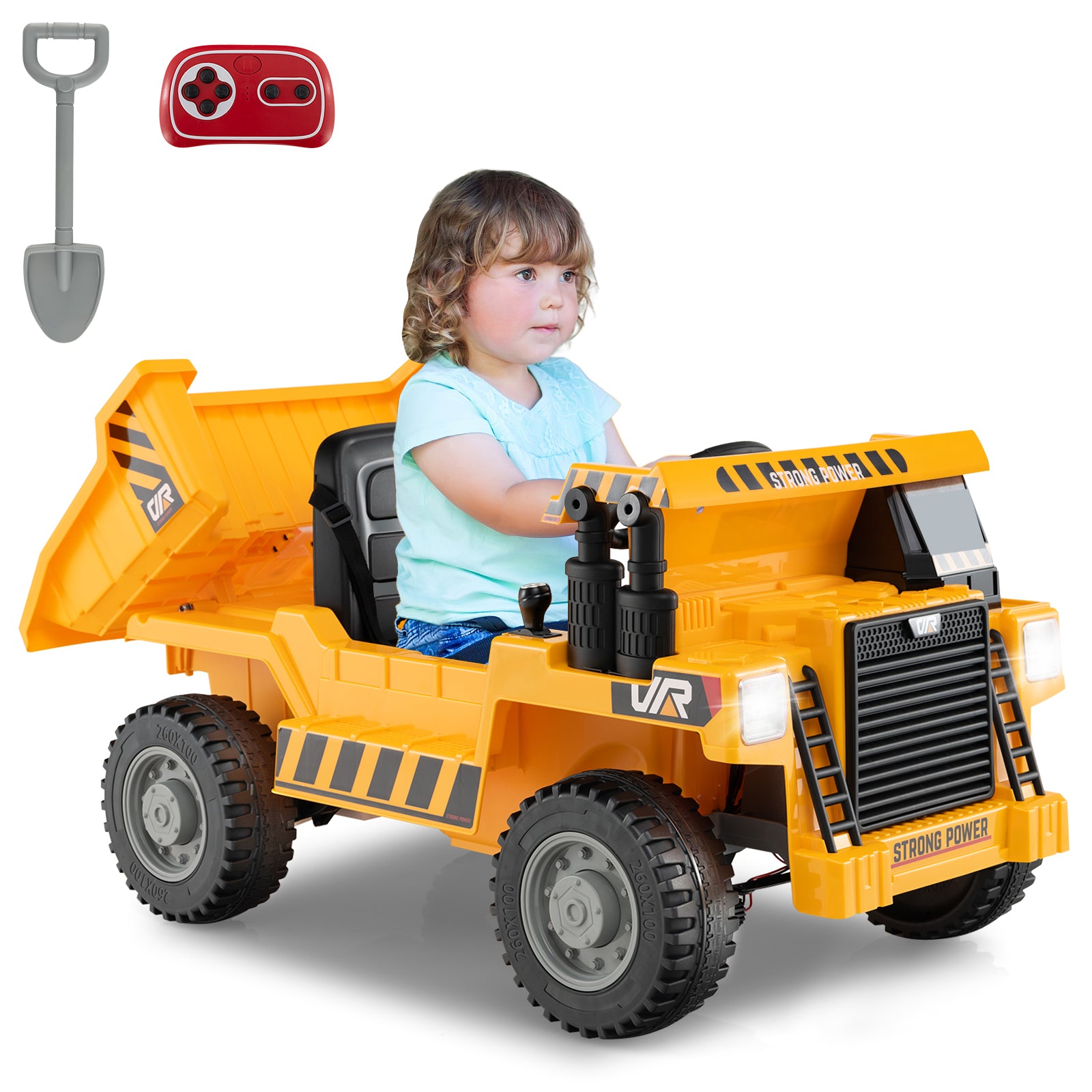 Child playing with a toy dump truck on a white background