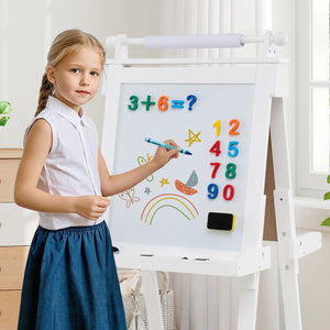 Kids easel featuring three paint cups and storage trays
