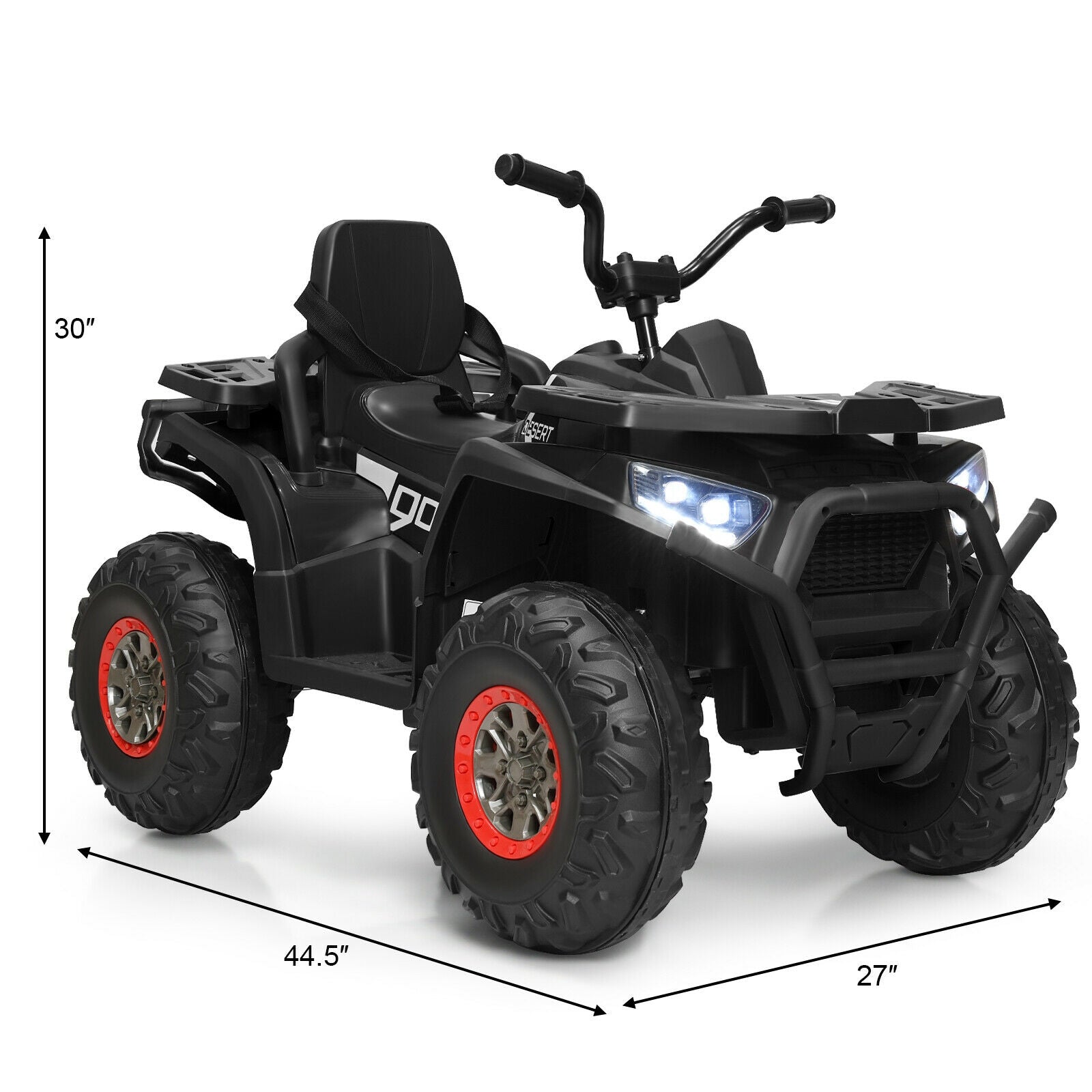 Black toy ATV with red wheels and measurements on a white background
