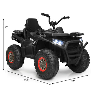 Black toy ATV with red wheels and measurements on a white background