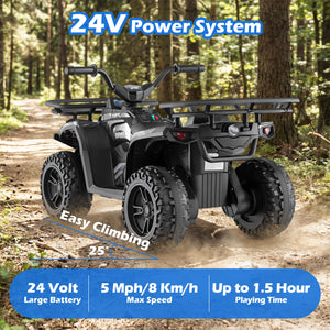 Children's ATV with 24V power system in a forest setting