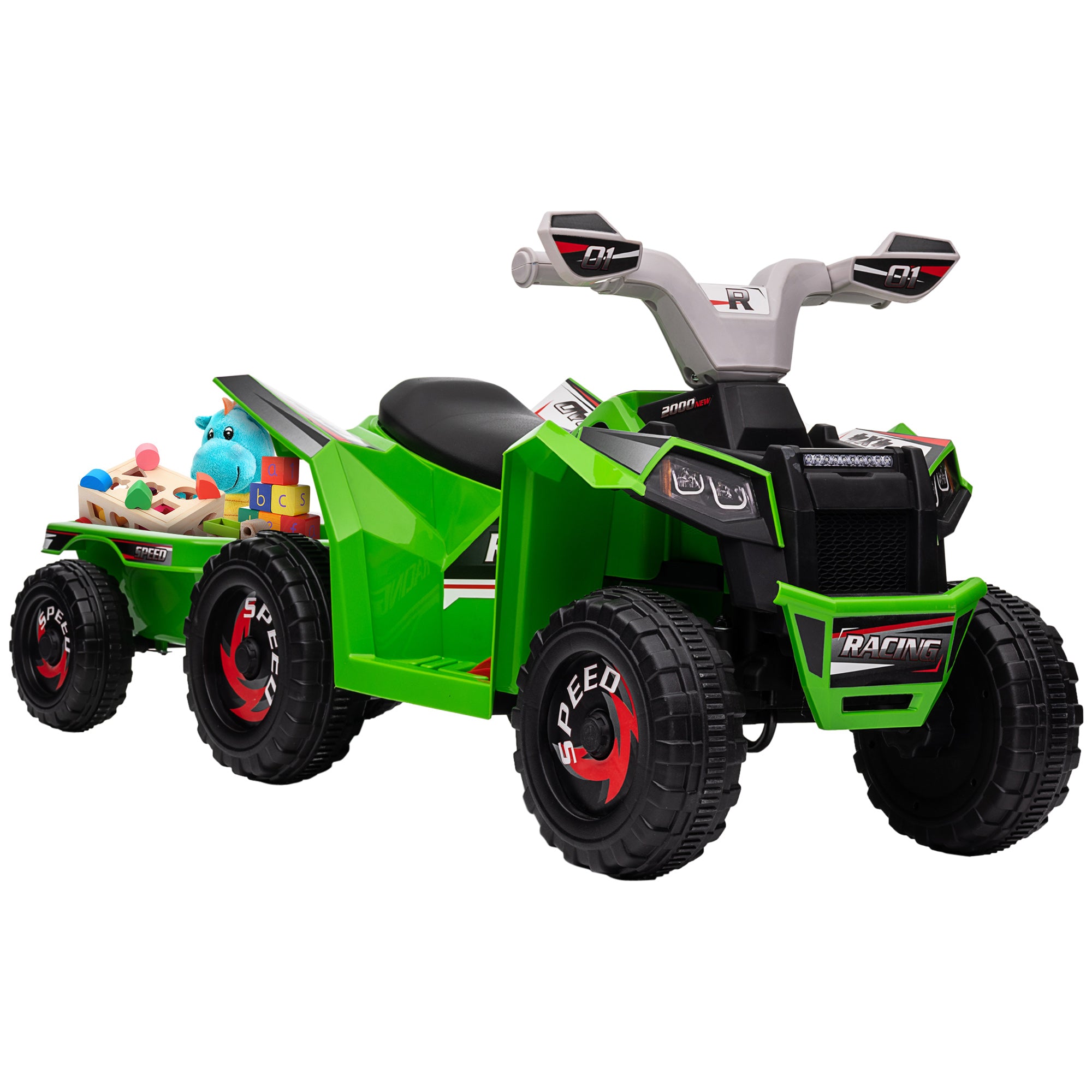 Green toy ATV with a trailer on a white background