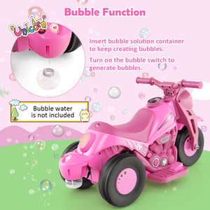 Pink toy motorcycle with bubble function on a pink and green background