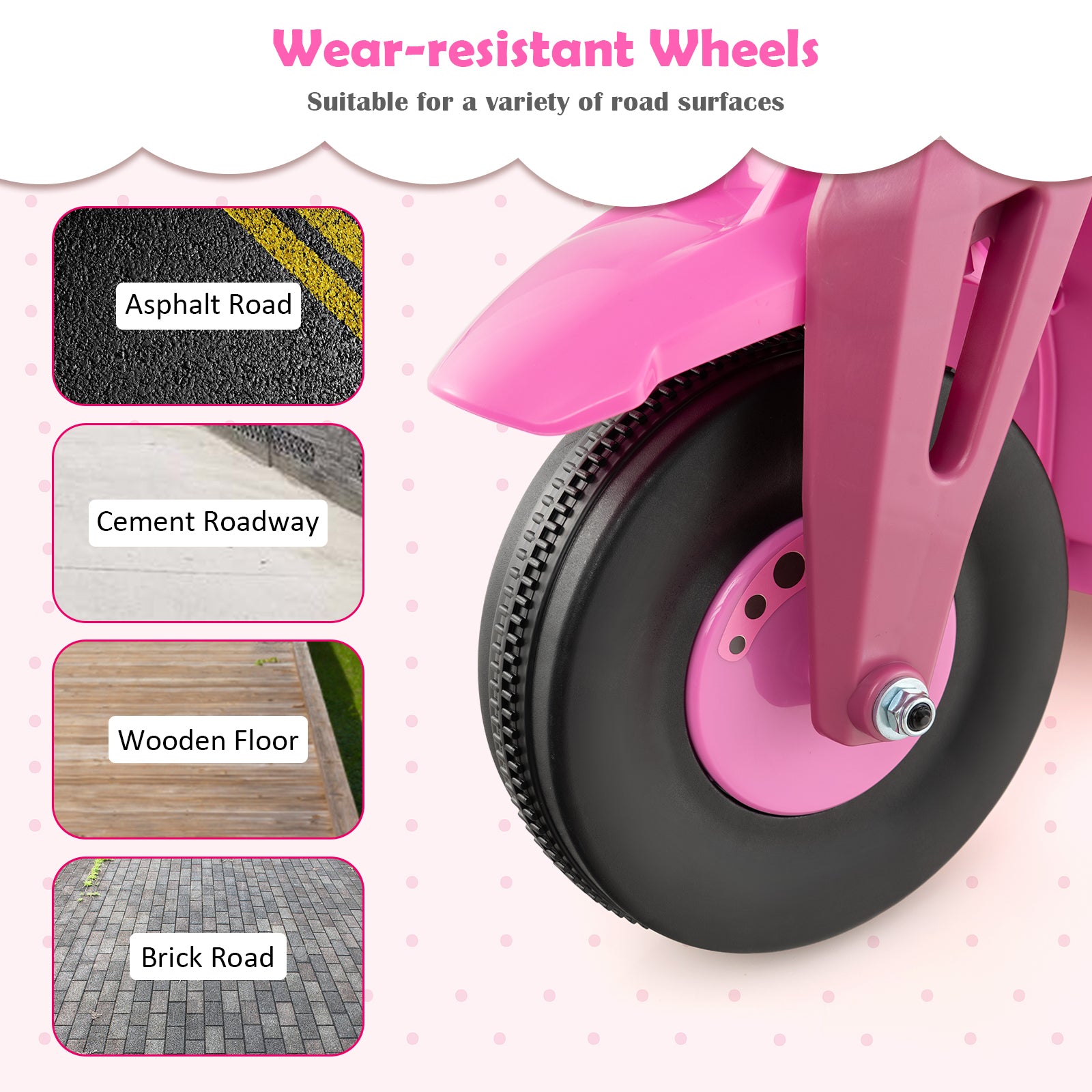 Pink balance bike wheel with wear-resistant tires on a white background