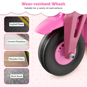 Pink balance bike wheel with wear-resistant tires on a white background