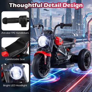 Children's toy motorcycle with detailed features on a futuristic city background