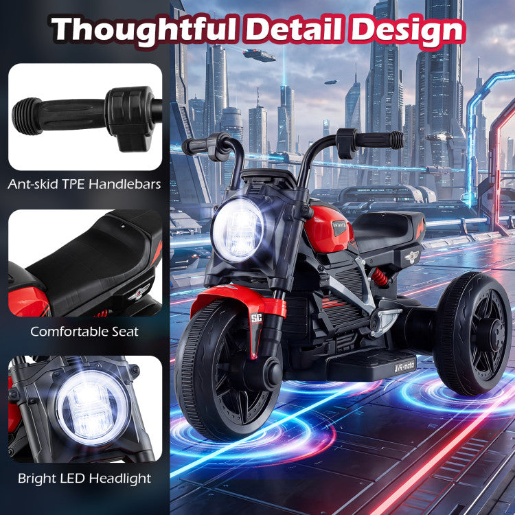 Children's toy motorcycle with detailed features on a futuristic city background