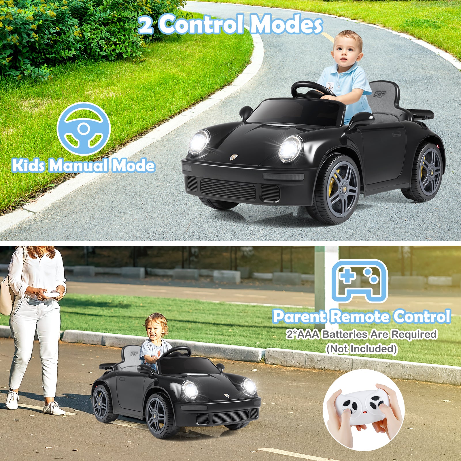 Black toy car with 2 control modes for kids and parents on a road.