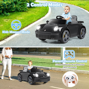 Black toy car with 2 control modes for kids and parents on a road.