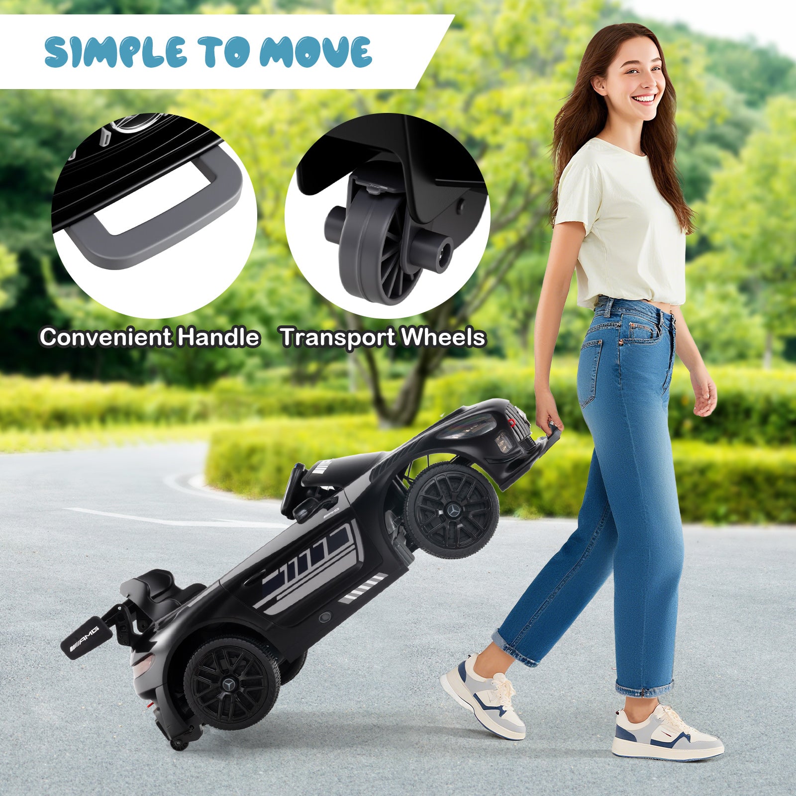 Woman pushing a scooter with transport wheels and handle, outdoors.