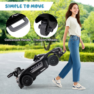 Woman pushing a scooter with transport wheels and handle, outdoors.