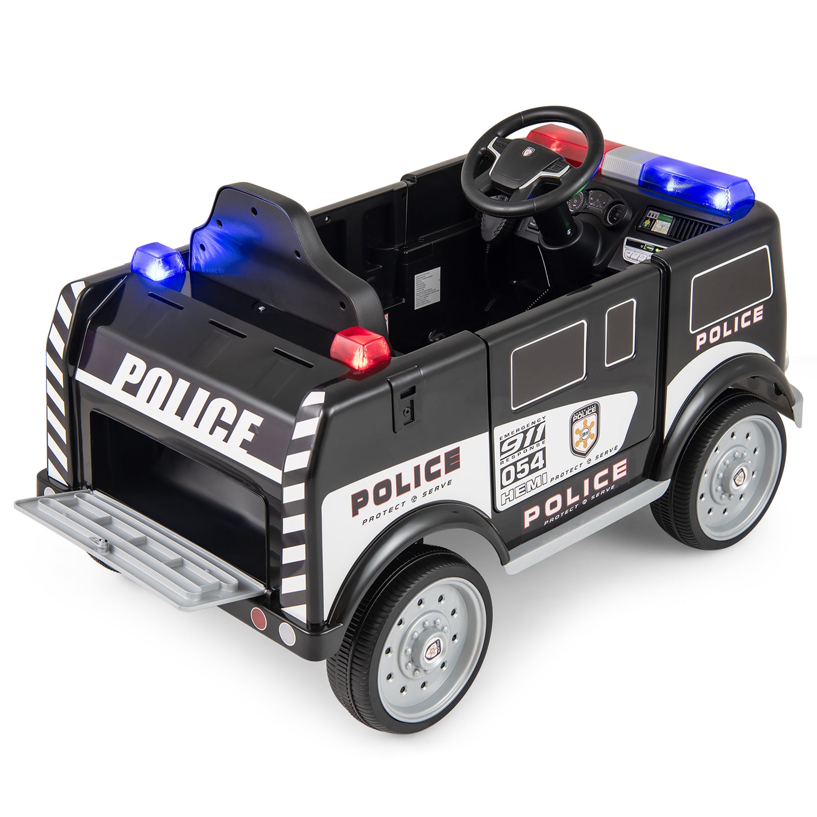 Toy police car with lights and a steering wheel on a white background