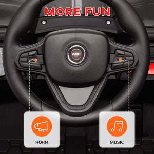 Car steering wheel with 'More Fun' text and icons for horn and music on a black background.