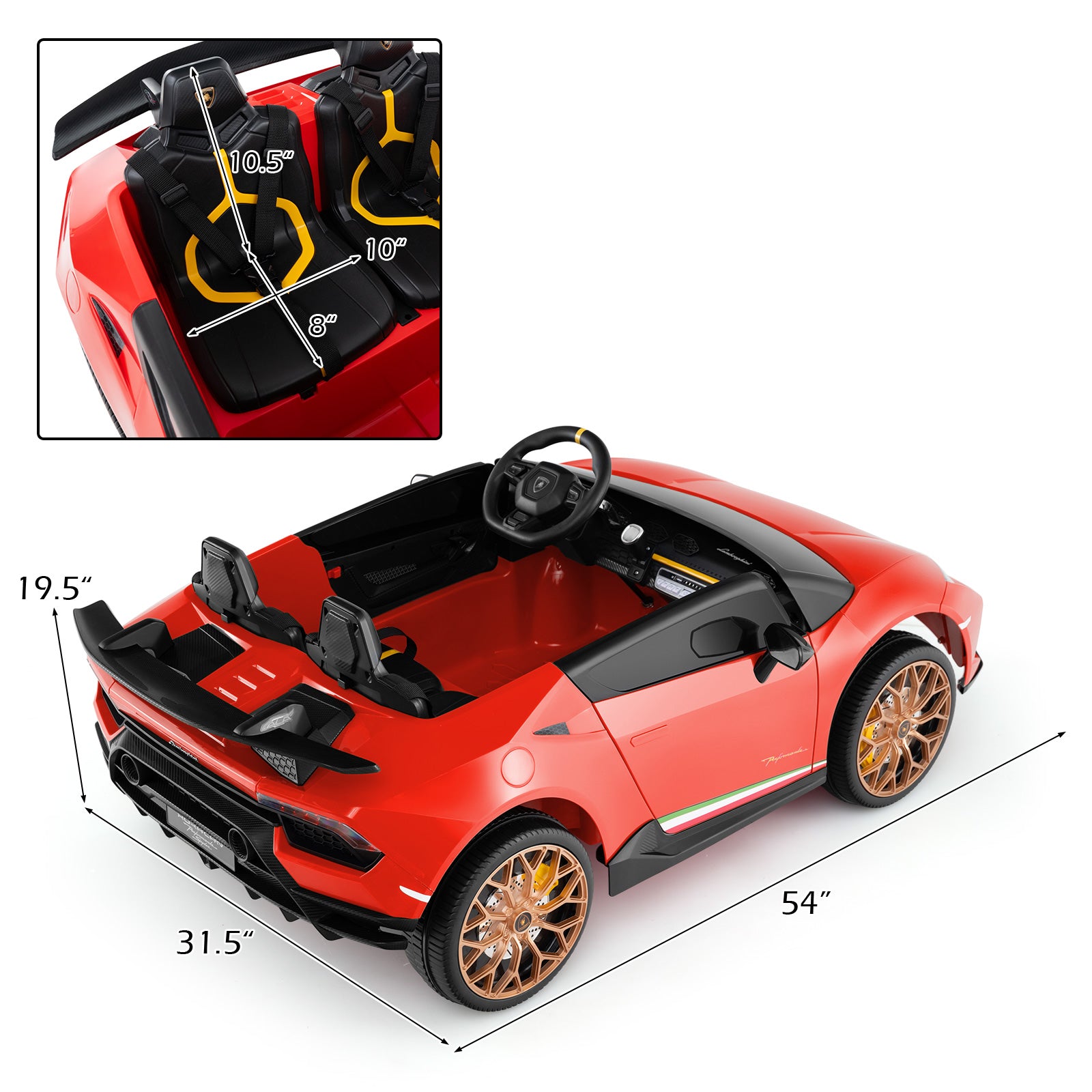 Red toy car with dimensions and steering wheel angle indicator on a white background
